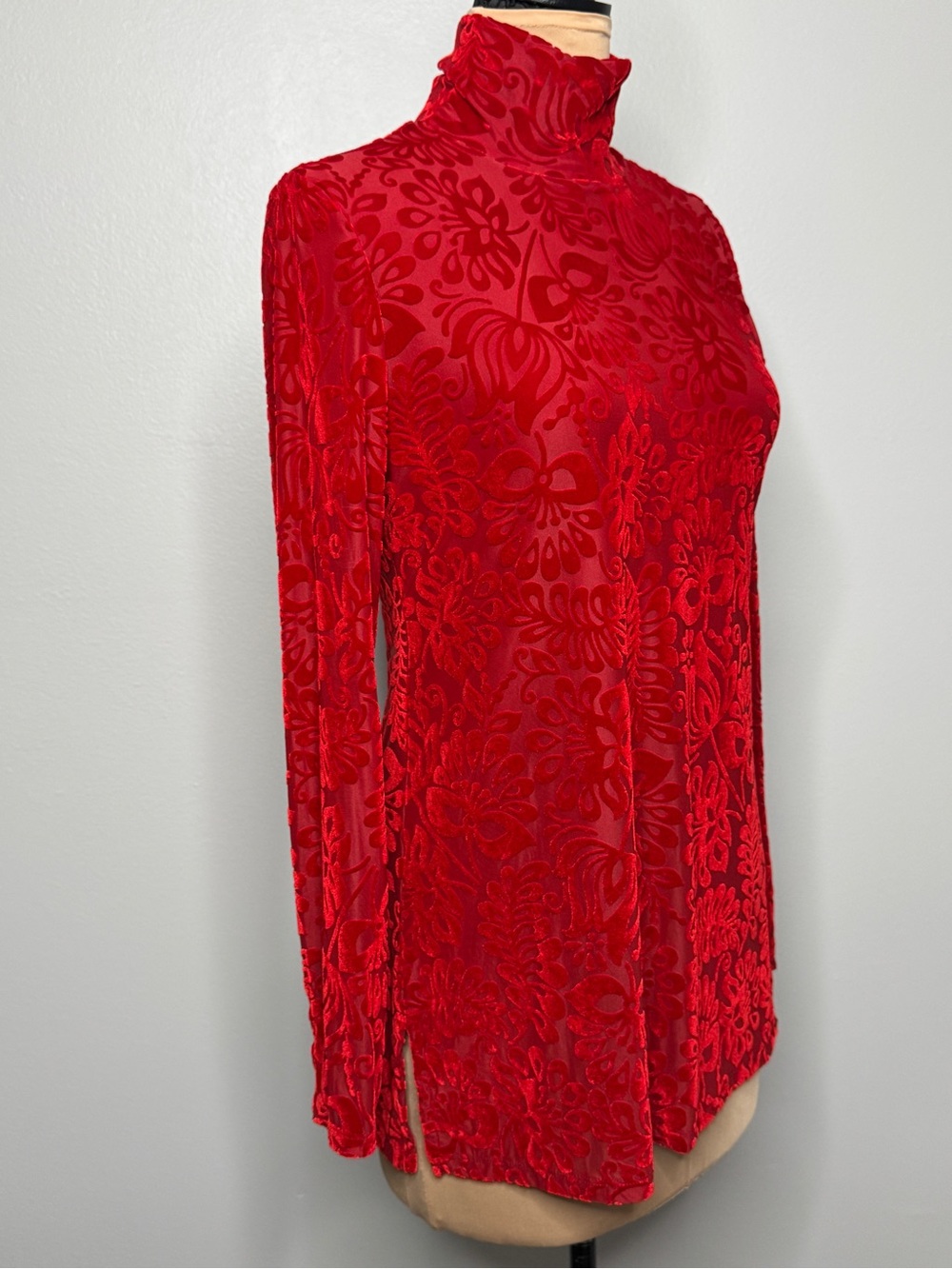 Soft Surroundings Red Velvet Burnout Mock Neck Top Tunic Stretch Turtleneck